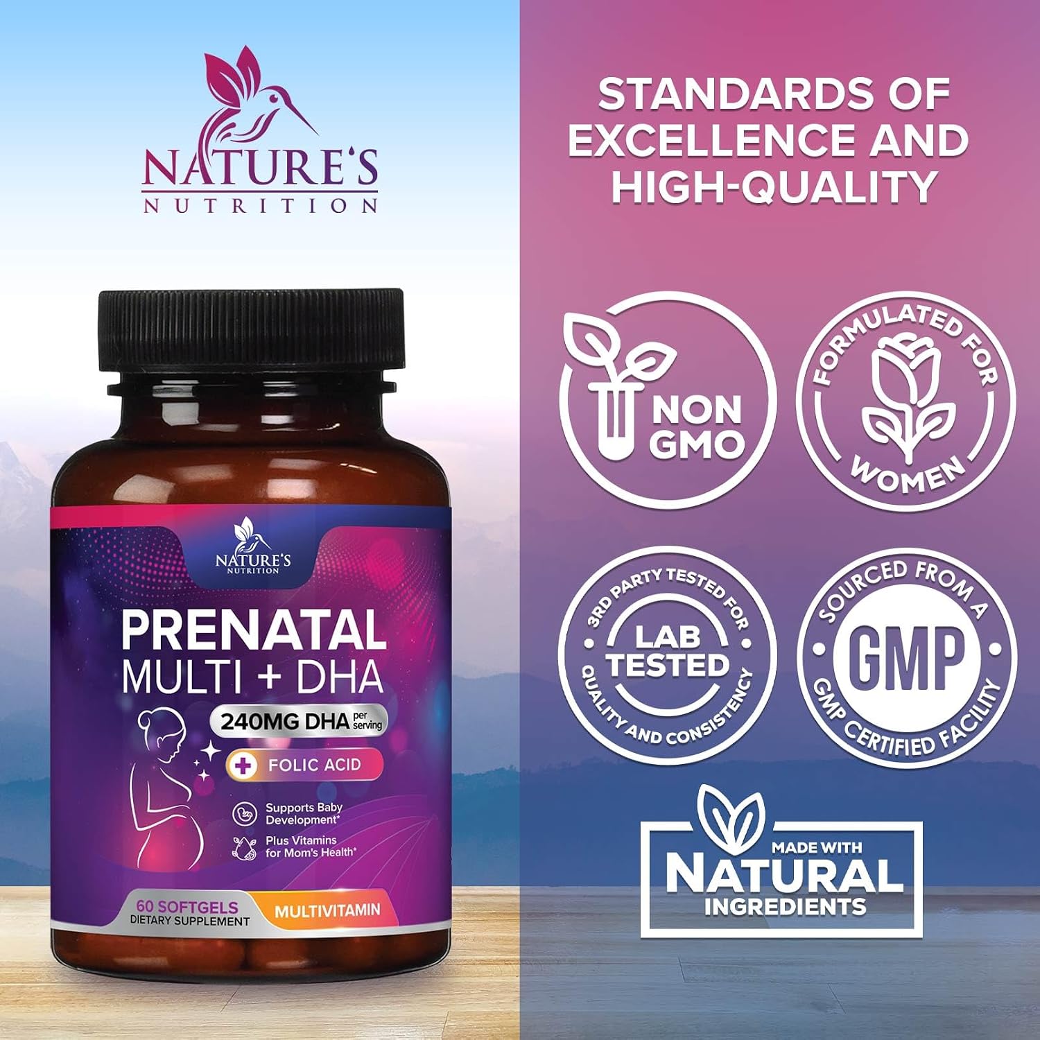 Vitaminas Prenatales con Ácido Fólico y Omega 3 DHA - 60 Cápsulas Blandas