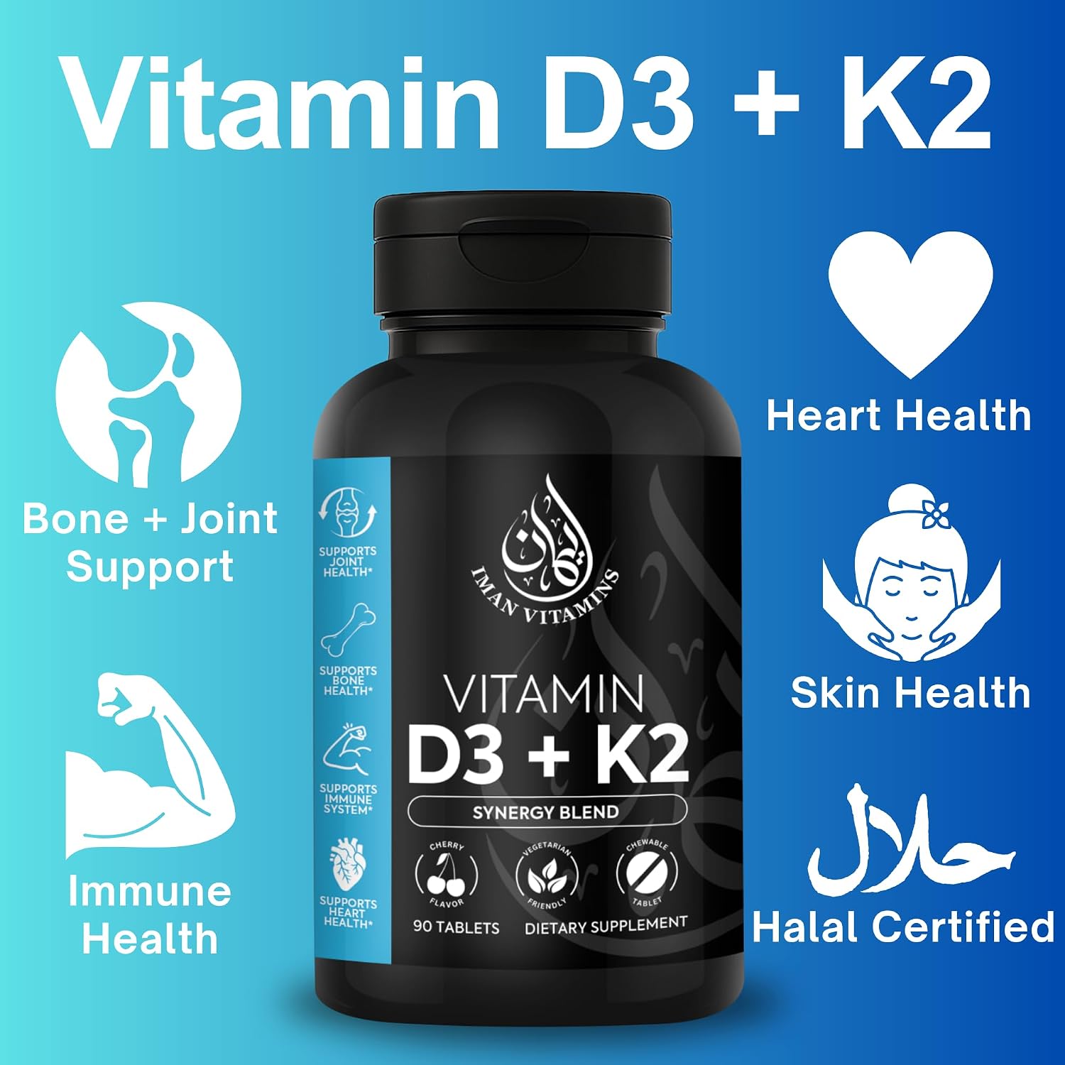 Iman Vitamins Vitamina D3 con K2 Halal – Comprimidos Masticables 2000 UI + 75 mcg MK-7 – 90 Unidades
