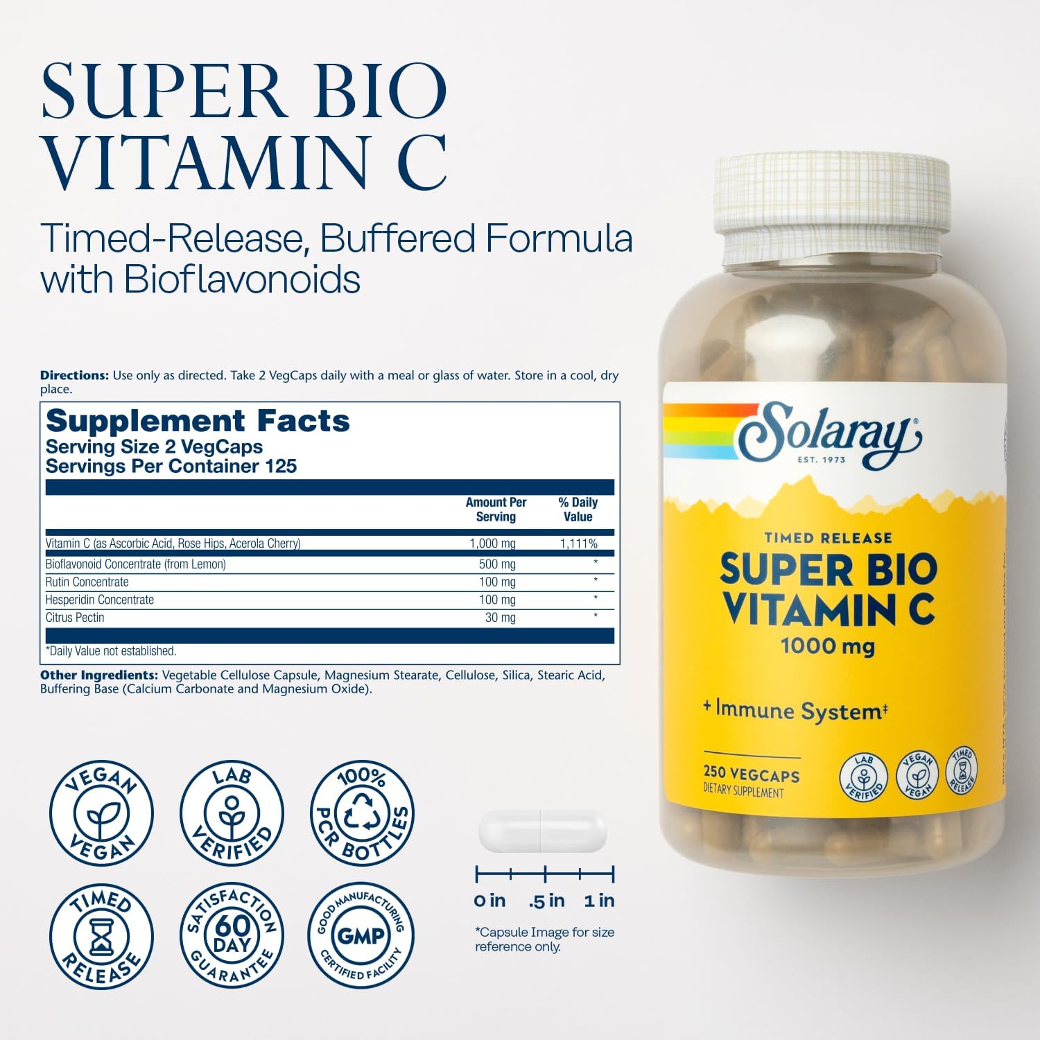 SOLARAY Super Bio Vitamin C 1000 mg with Bioflavonoids, Sustained Release, Vegan - 250 Capsules