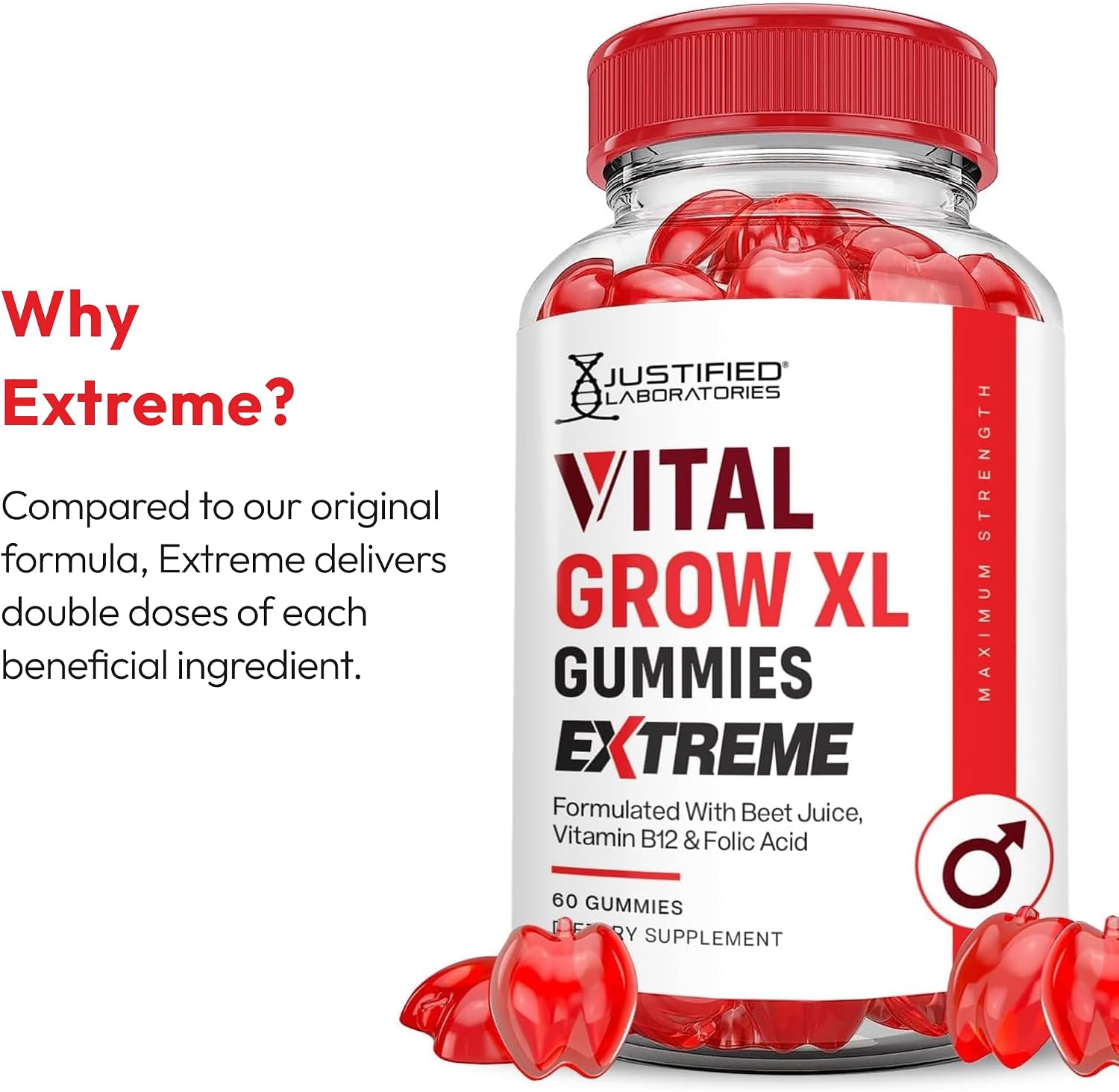 Justified Laboratories Vital Grow XL Gummies Extreme (2000 mg) - 60 Gominolas - Con Vinagre de Manzana, Folato y Vitamina B12 - No Transgénico, Vegano, Sin Gluten - 30 Dosis