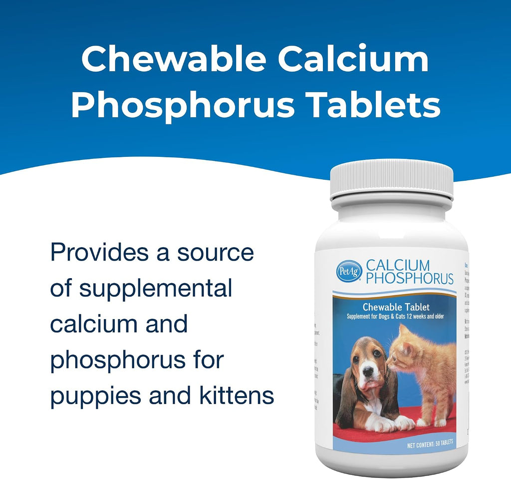 PetAg Calcium Phosphorus Tablets - 50 Tablets - Daily Chewable Supplement for Dogs and Cats Over 12 Weeks - Fortified with Vitamin D