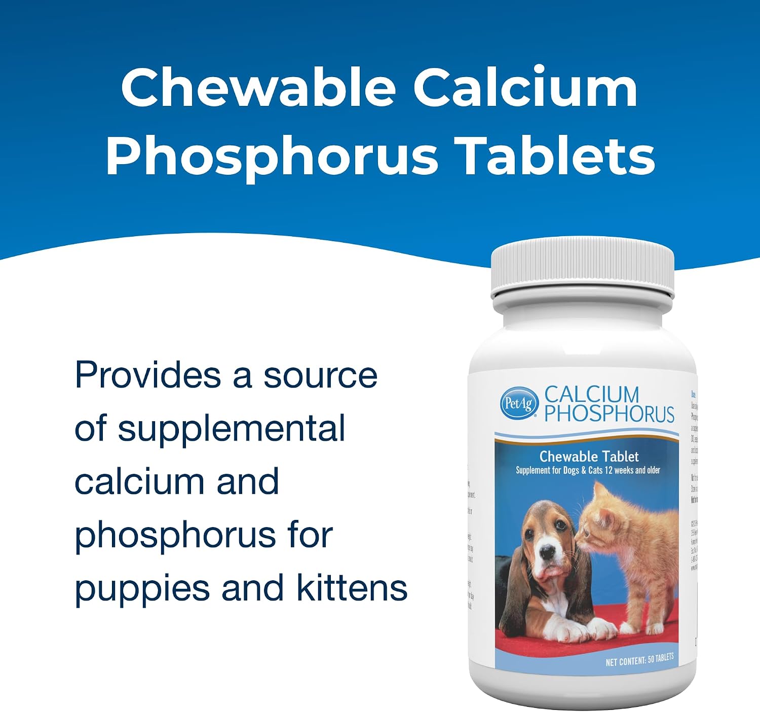 PetAg Calcium Phosphorus Tablets - 50 Tablets - Daily Chewable Supplement for Dogs and Cats Over 12 Weeks - Fortified with Vitamin D