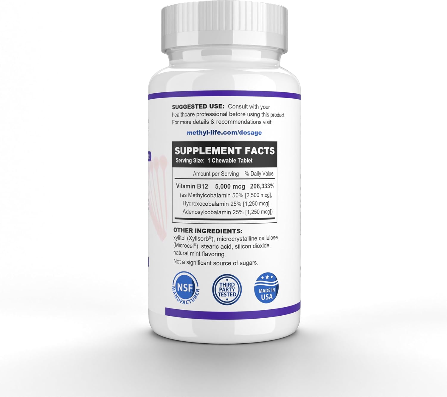 Methyl-Life® B12 Complete – 5000 mcg Metilcobalamina + Hidroxi B12 + Adenosilcobalamina | Vegano, Non-GMO, Sin Gluten | 90 Comprimidos Masticables