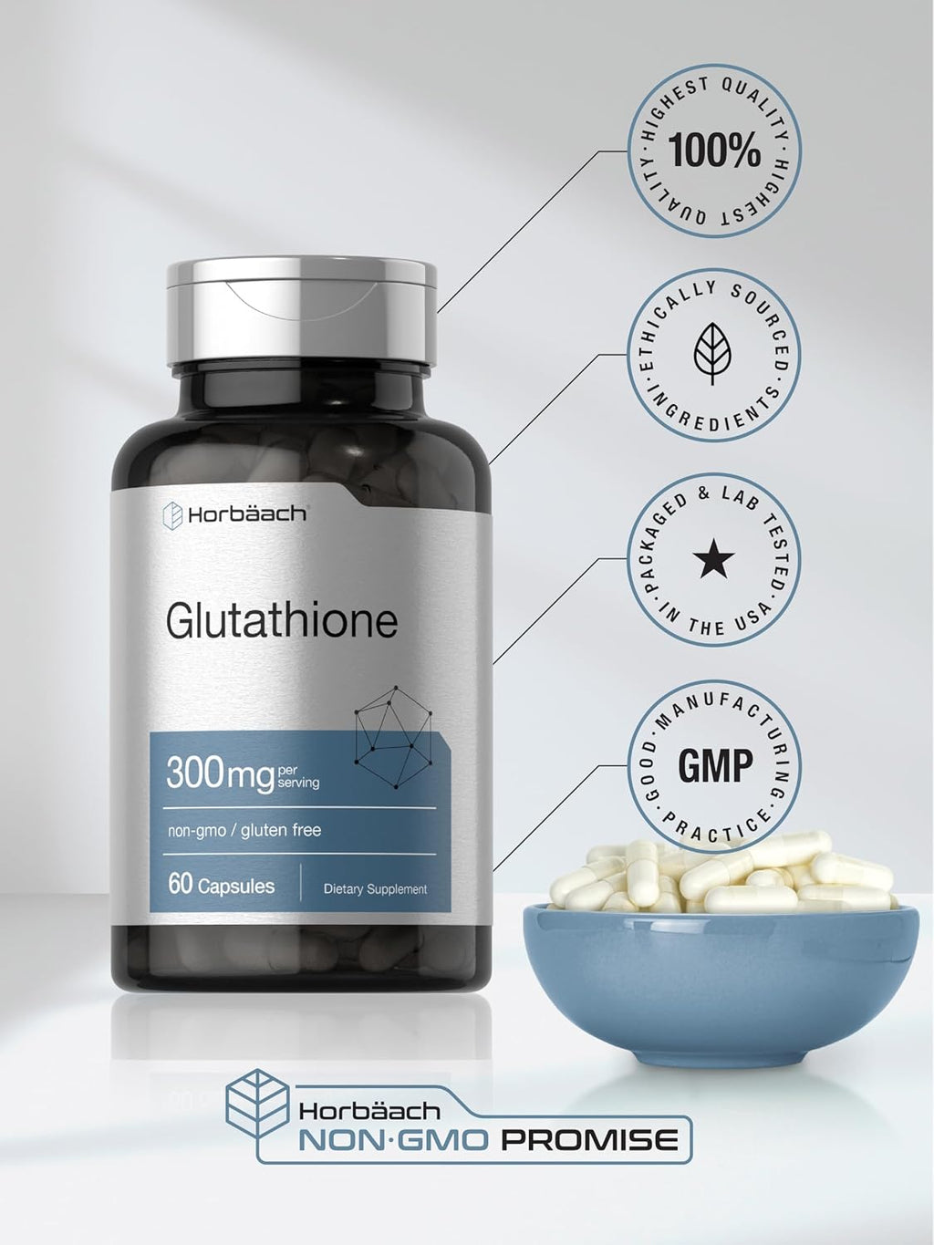 Horbäach Glutathione 300 mg | 60 Cápsulas | No Transgénico y Sin Gluten