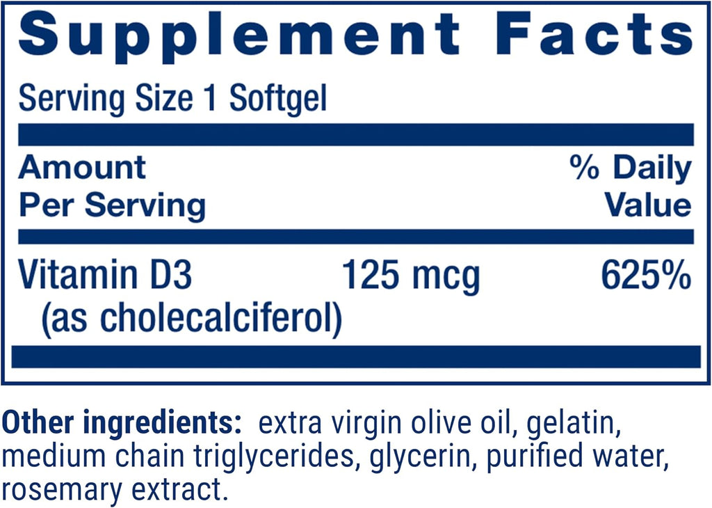 Life Extension Vitamina D3 125 mcg (5000 UI) – 60 Cápsulas Blandas