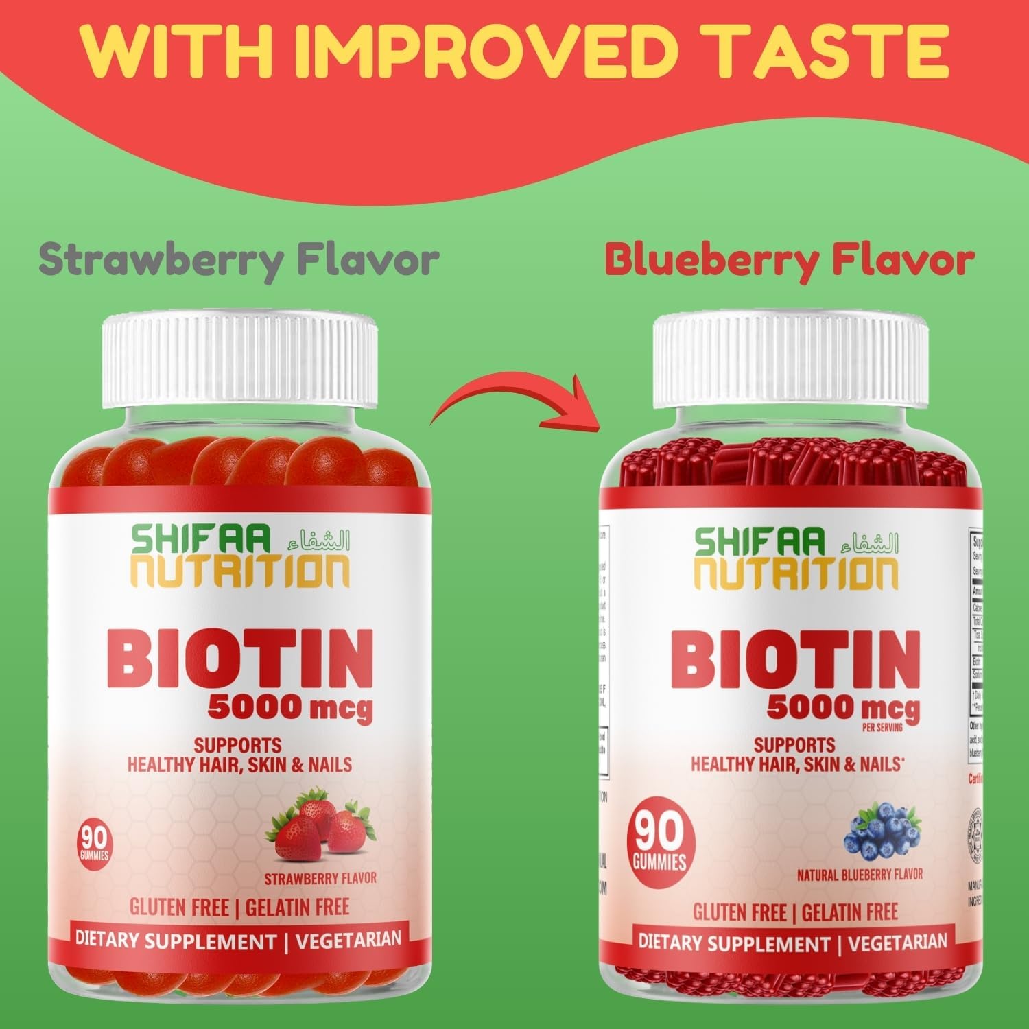 SHIFAA NUTRITION Gominolas Veganas de Biotina 5000 mcg | 90 Gominolas | Sin Gluten, Gelatina, Huevo, Lactosa | Halal