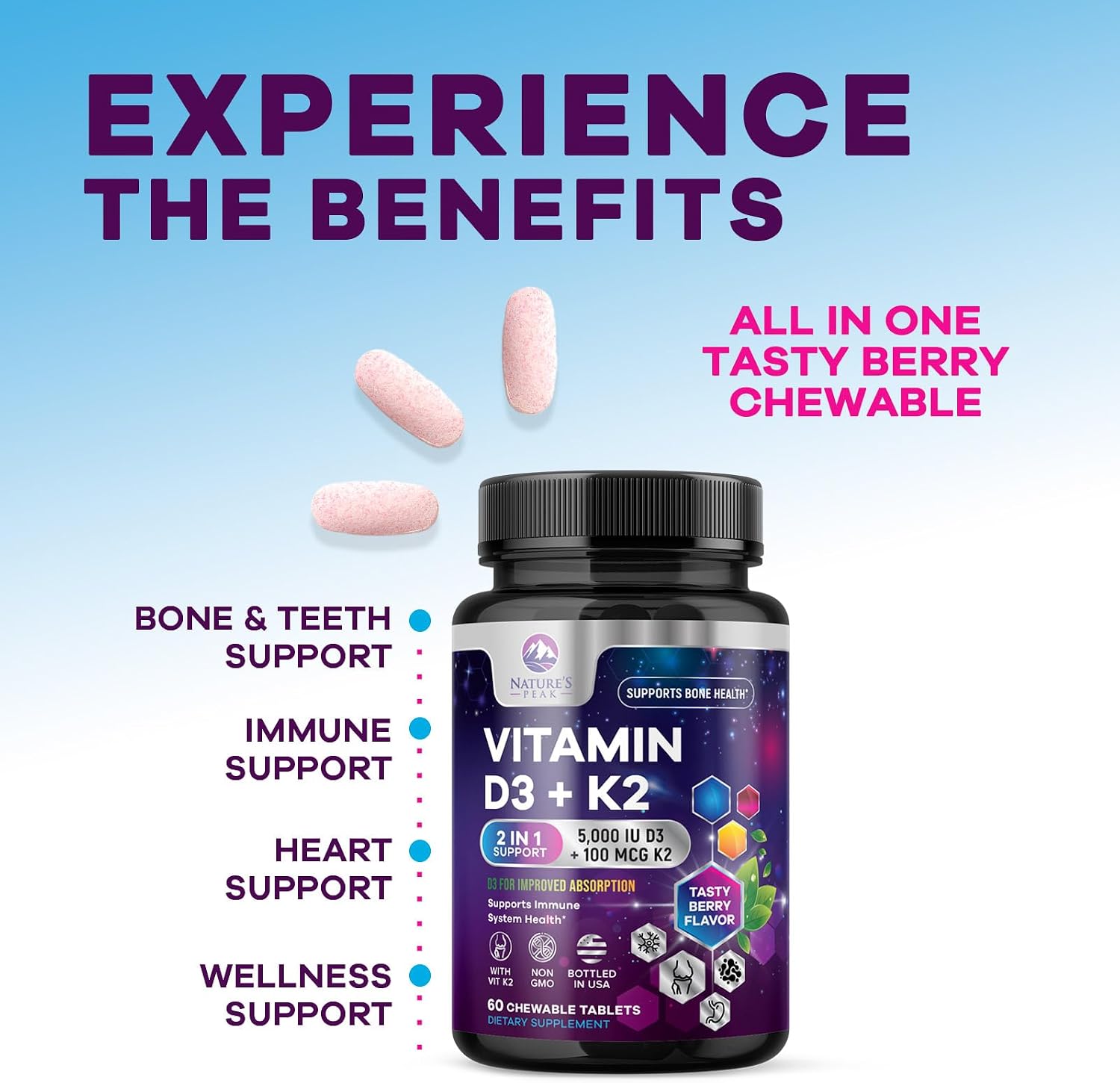 Nature's Peak Vitamina D3 K2 5000 UI + 100 mcg MK-7 - 60 Comprimidos Masticables Sabor Baya