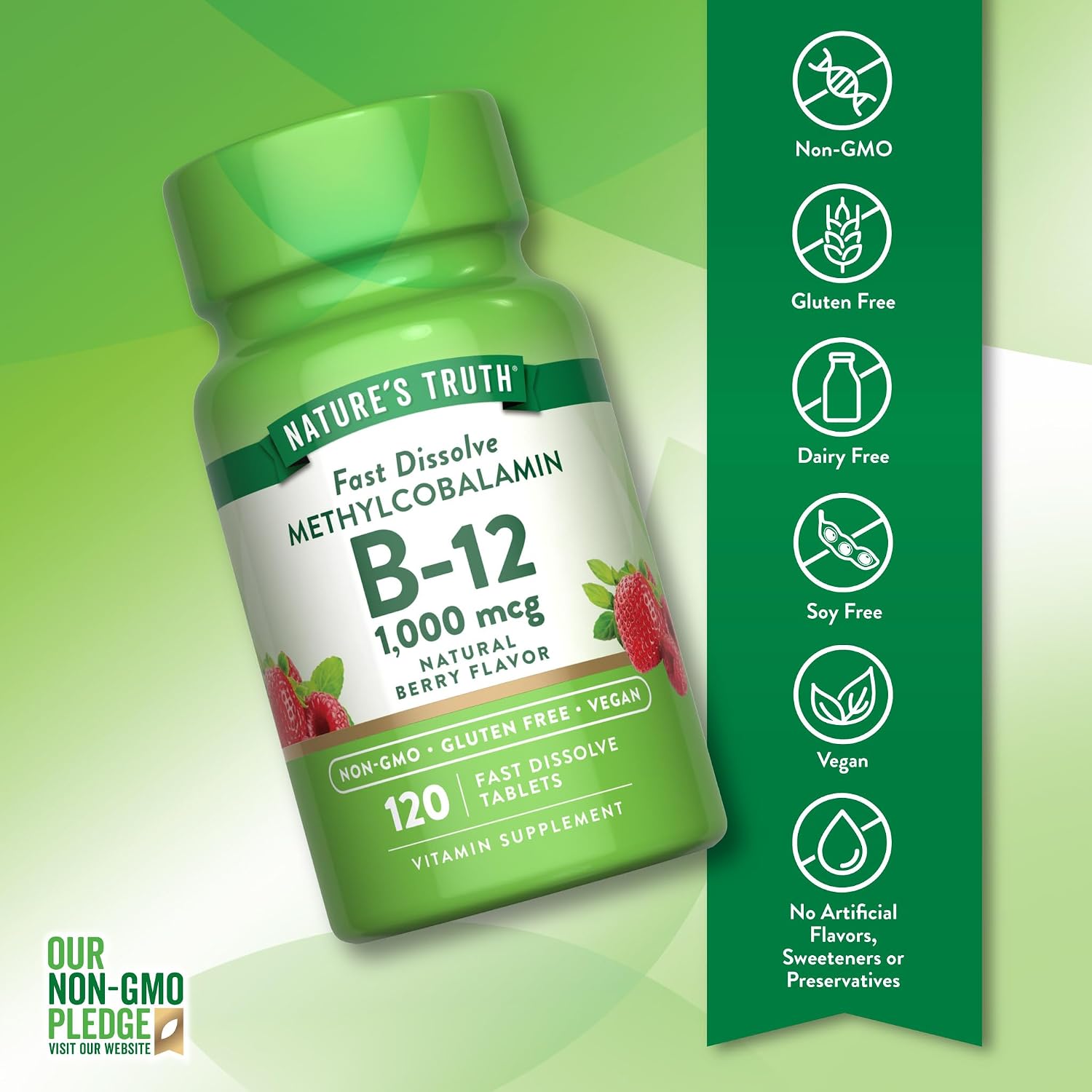 Nature's Truth Vitamina B12 Sublingual | 1000 mcg | 120 Comprimidos | Vegano, Sin Gluten y No OGM