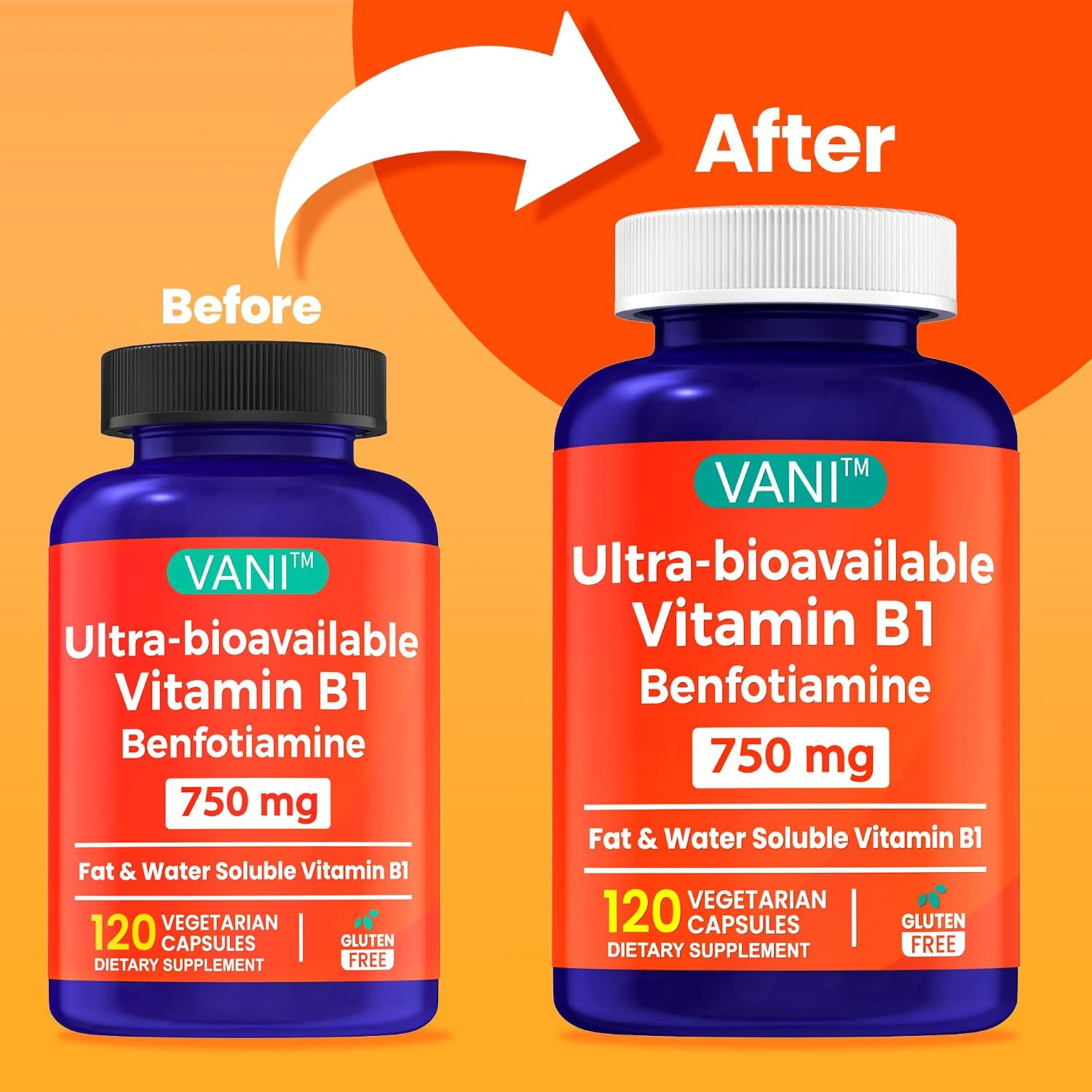 VANI Benfotiamina 750 mg con B1, Vitamina B1 Liposoluble e Hidrosoluble – 120 Cápsulas