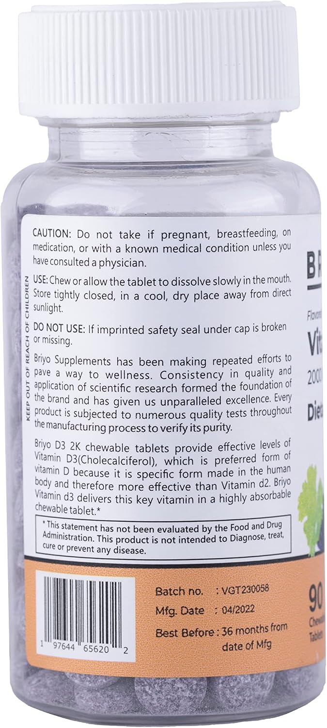 Briyosis Vitamina D3 2000 IU - 90 Comprimidos Masticables Sabor Uva Natural