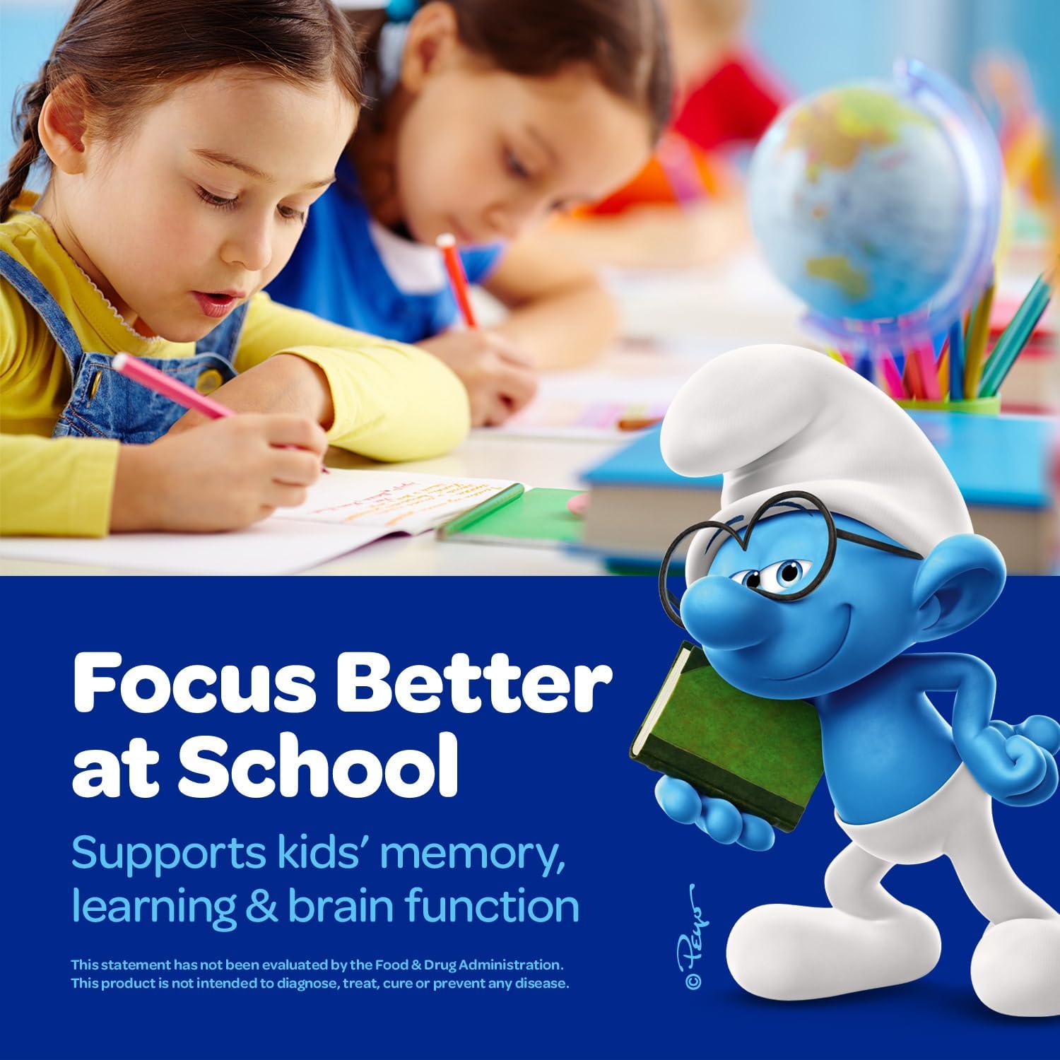 Smurfs Focus Gummies para Niños | Suplemento de Concentración con Fosfatidilserina | 30 Gominolas
