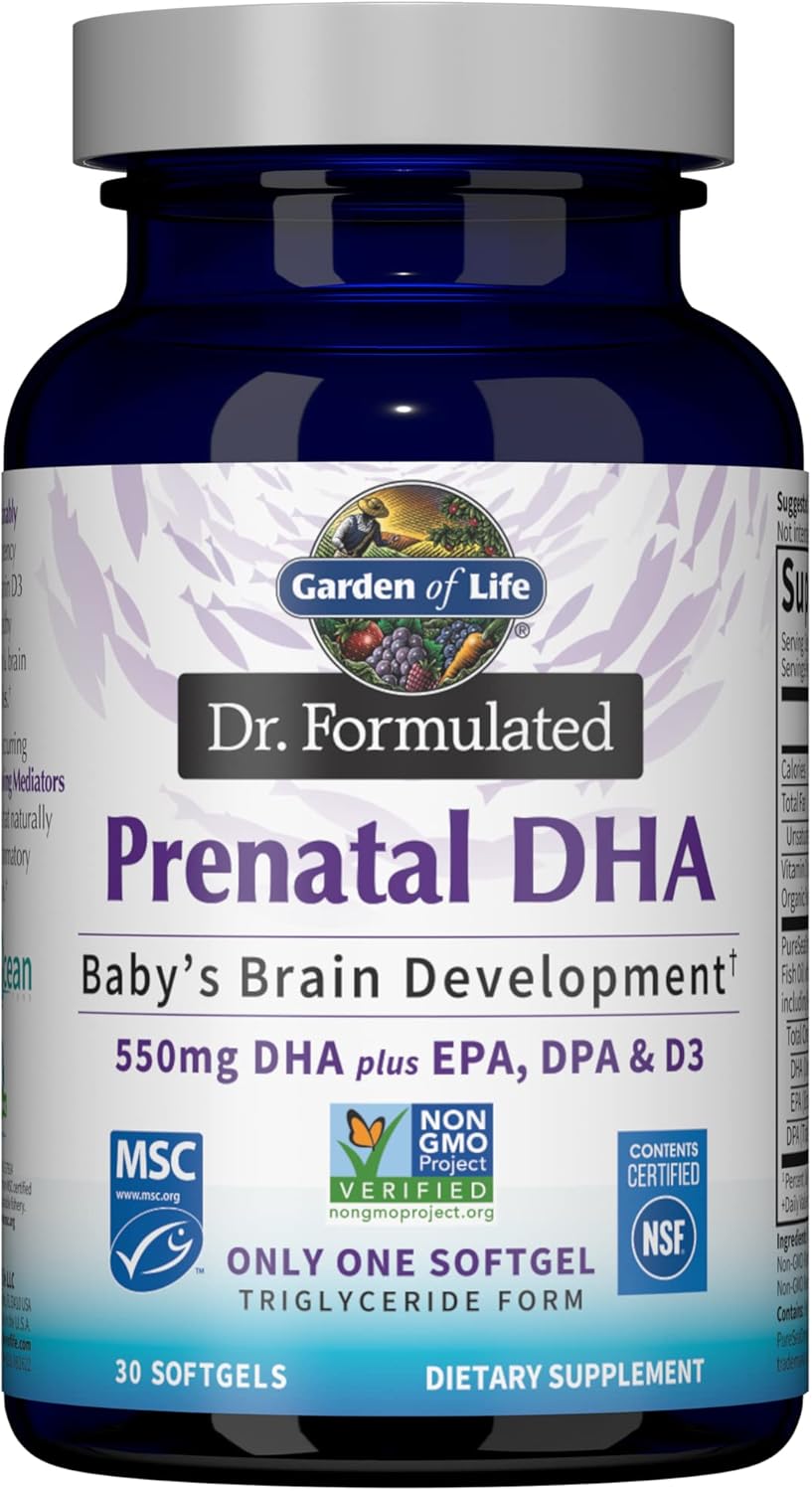 Garden of Life Dr. Formulated Prenatal DHA Fish Oil - 500mg DHA y DPA, 100% VD Vitamina D3, Omega 3 Embarazo, 30 Cápsulas