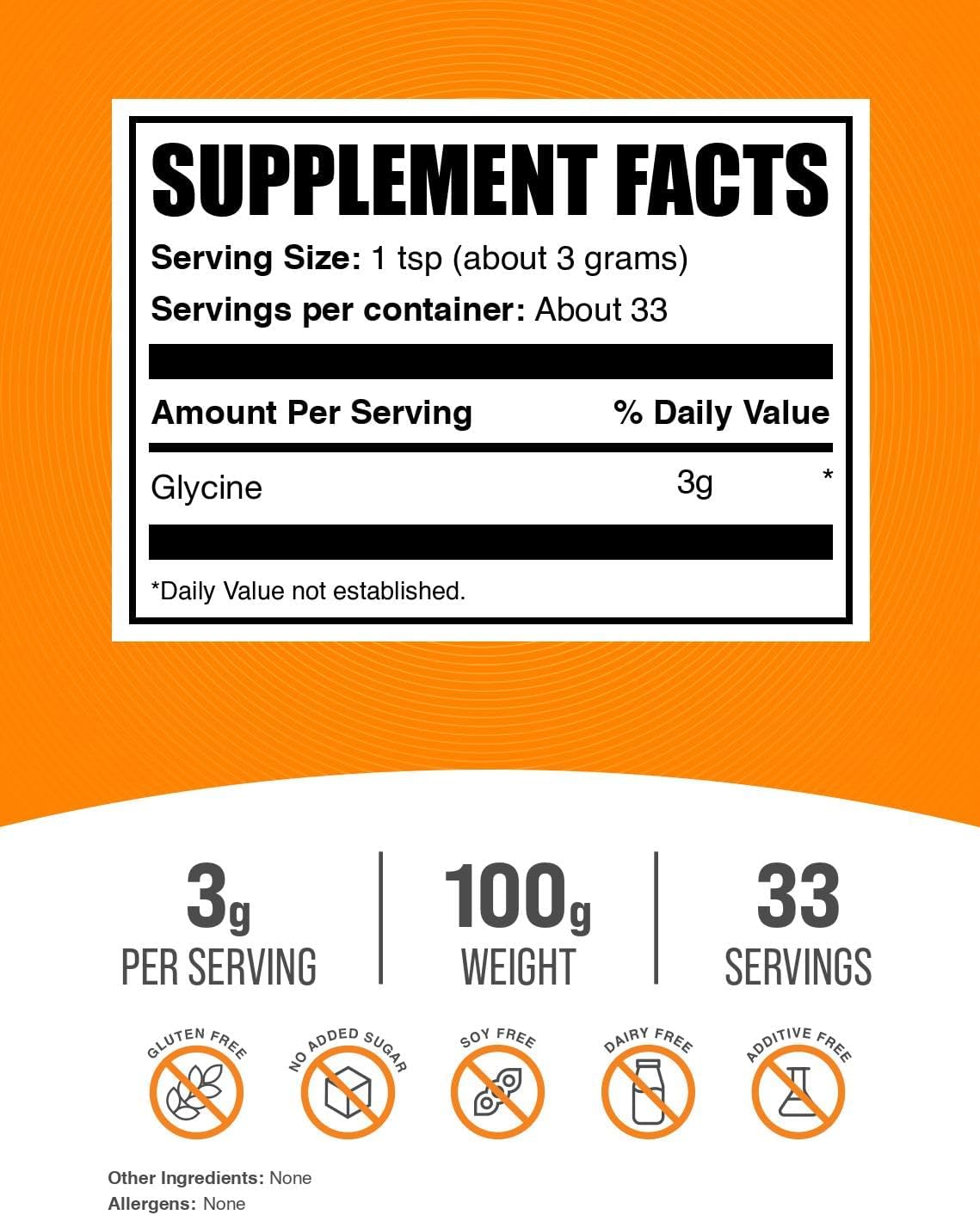 BulkSupplements.com Glycine Powder - Amino Acid Supplement - Unflavored and Gluten Free - 3g per Serving - 100g (3.5 oz)