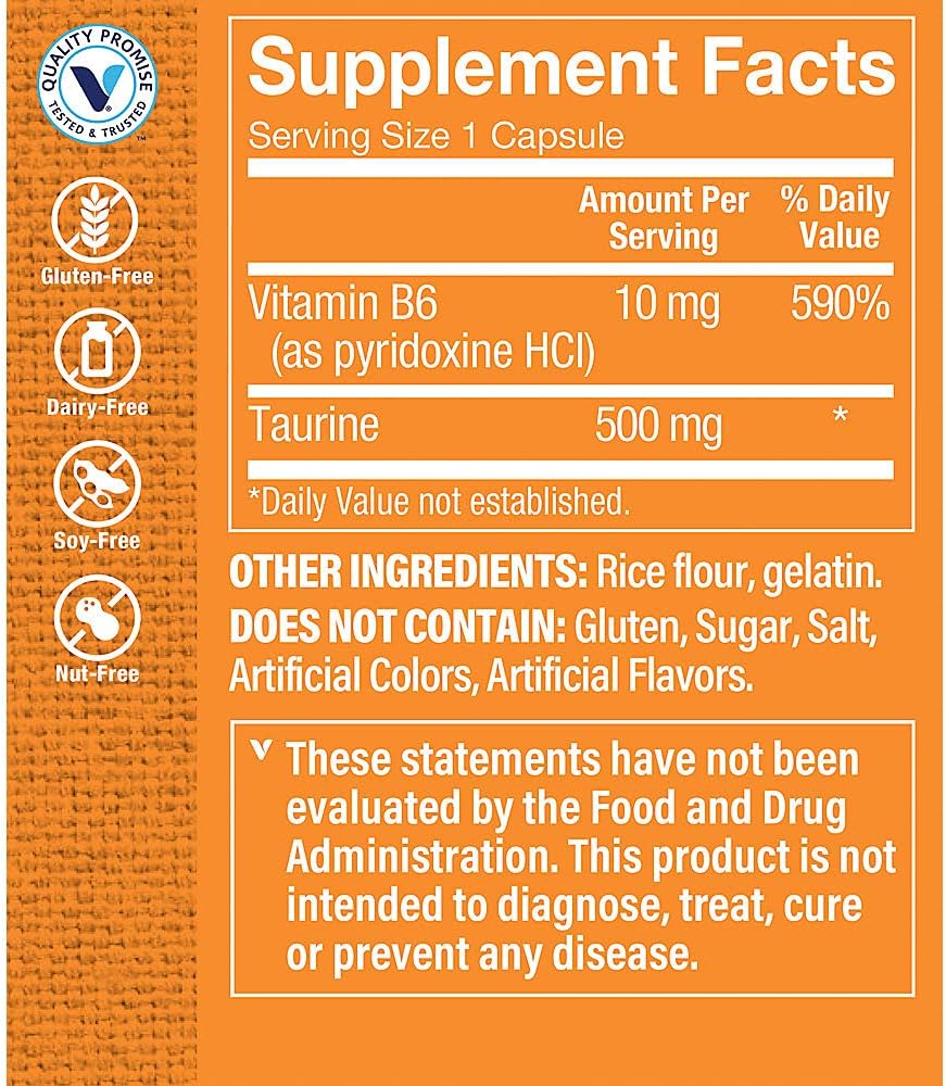 Taurina 500 mg con Vitamina B6 - Complemento Alimenticio de Aminoácido - 300 Cápsulas