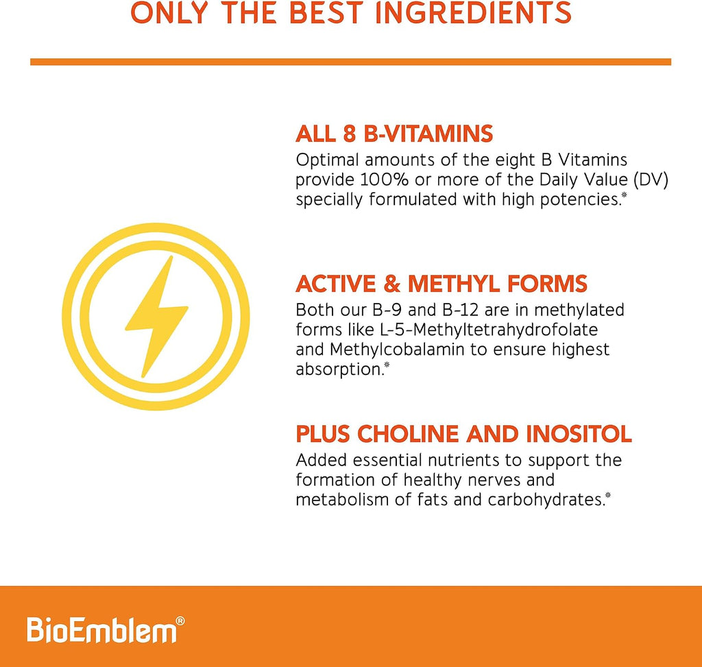 BioEmblem Complejo B Activo – 8 Vitaminas B con Metilfolato, Metil B12, Colina e Inositol – 90 Cápsulas Veganas