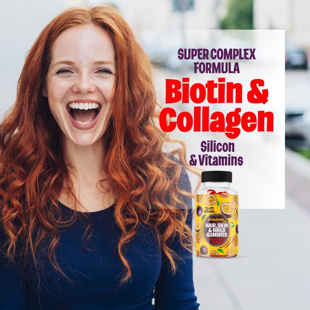 70 Gominolas de Biotina 6000mcg, Colágeno, Silicona, PABA y Multivitaminas para Cabello, Piel y Uñas - Youth & Tonic