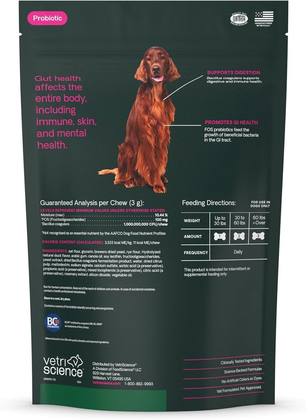 VetriScience Gut Health Masticables Probióticos para Perros, Sabor a Pato, 120 unidades