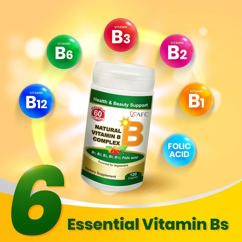 AFC Japan Complejo B Natural con Vitaminas B1, B2, B3, B6, B12, Ácido Fólico y Glutatión - 120 Comprimidos Veganos