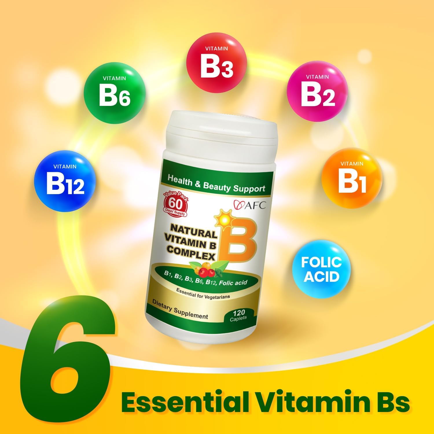 AFC Japan Complejo B Natural con Vitaminas B1, B2, B3, B6, B12, Ácido Fólico y Glutatión - 120 Comprimidos Veganos