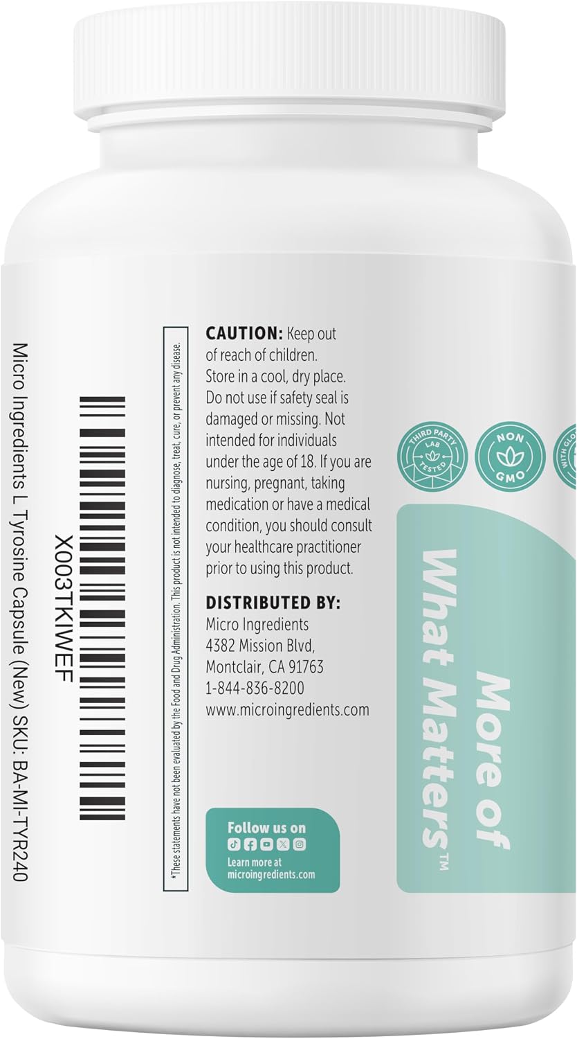 Micro Ingredients L-Tirosina 1000 mg, 240 Cápsulas | Suplemento de Aminoácidos No Transgénico