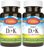 Carlson Super D3 + K2, 125 mcg (5000 UI) Vitamina D3, 90 mcg Vitamina K2 como MK-7, Soporte Óseo, Absorción de Calcio, 45 Cápsulas Vegetales