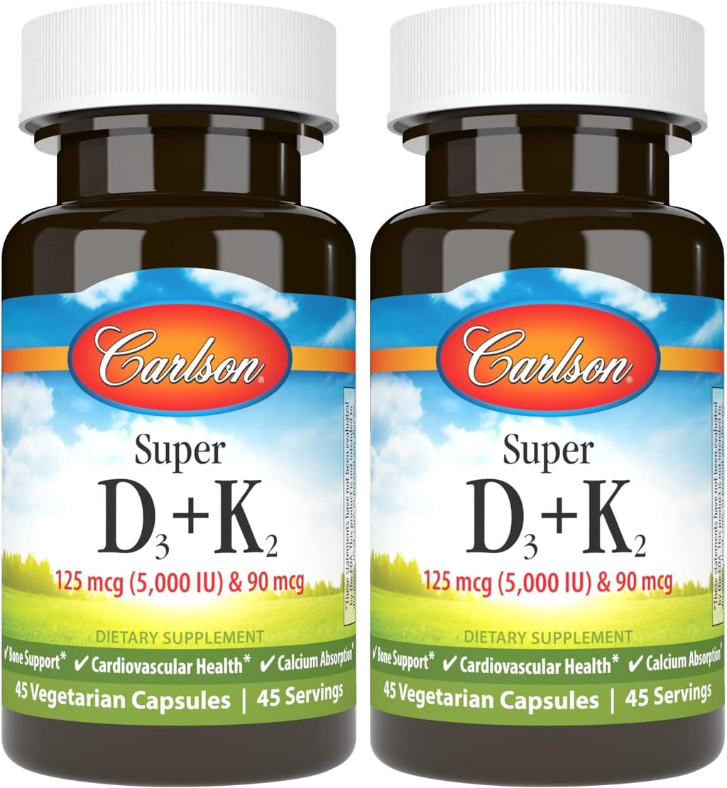 Carlson Super D3 + K2 - 5000 UI Vitamina D3 y 90 mcg Vitamina K2 MK-7 - 90 Cápsulas Vegetarianas