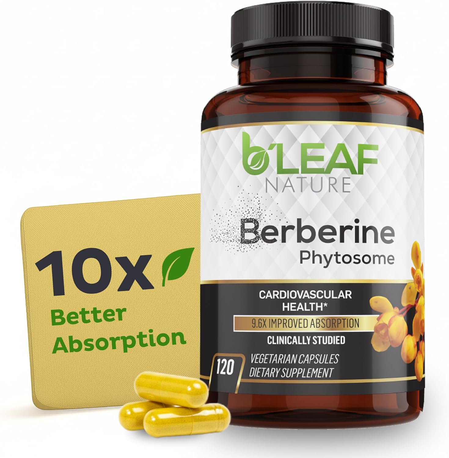 B’Leaf Nature Berberina Phytosome, 120 Cápsulas – 1100 mg de Berberina para el Apoyo Metabólico y Cardiovascular – Vegano, Sin Gluten, No-GMO