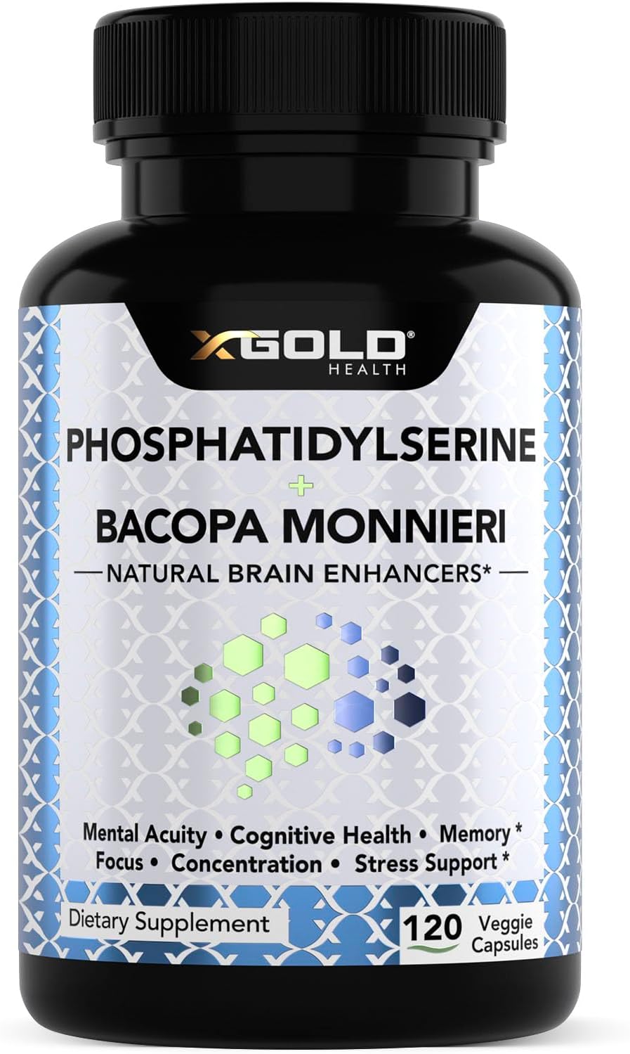 X Gold Health Phosphatidylserine y Bacopa Monnieri 800 mg | Suplemento Nootrópico para el Enfoque y la Memoria | 120 Cápsulas Vegetales