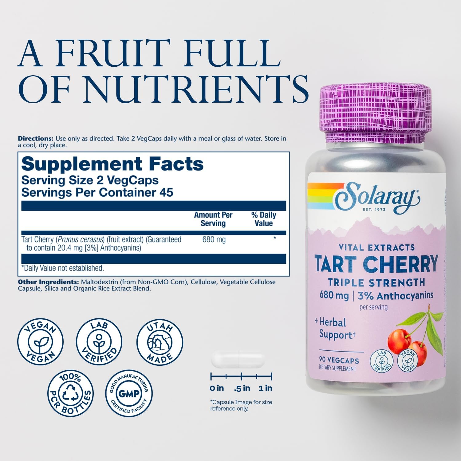 SOLARAY Triple Strength Tart Cherry Extract with 3% Anthocyanins, 90 Vegan Capsules