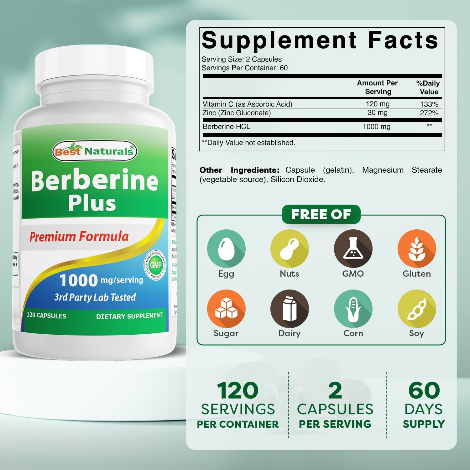 Best Naturals Berberine Plus - 1000 mg por Servicio - 120 Cápsulas (Pack de 2)