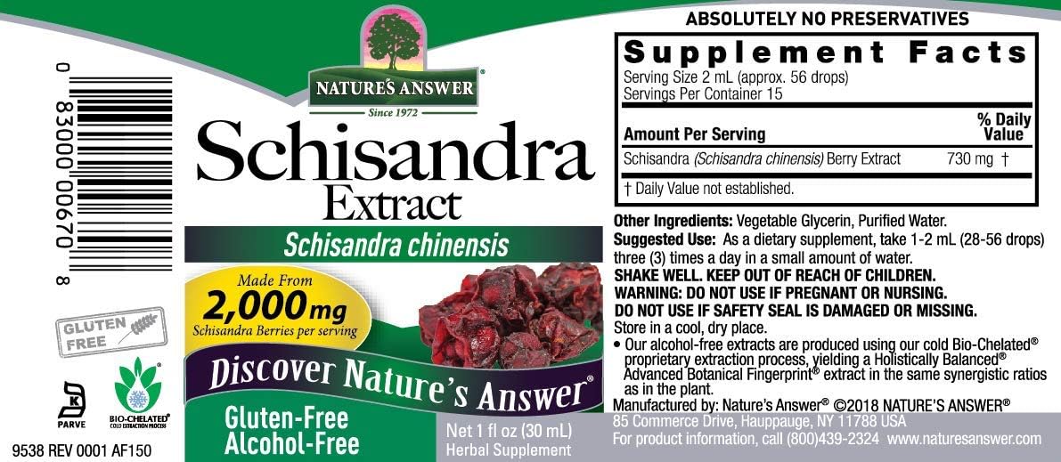 Nature's Answer Extracto de Schisandra - Sin Alcohol, Sin Gluten - Apoyo para el Estrés y la Fatiga
