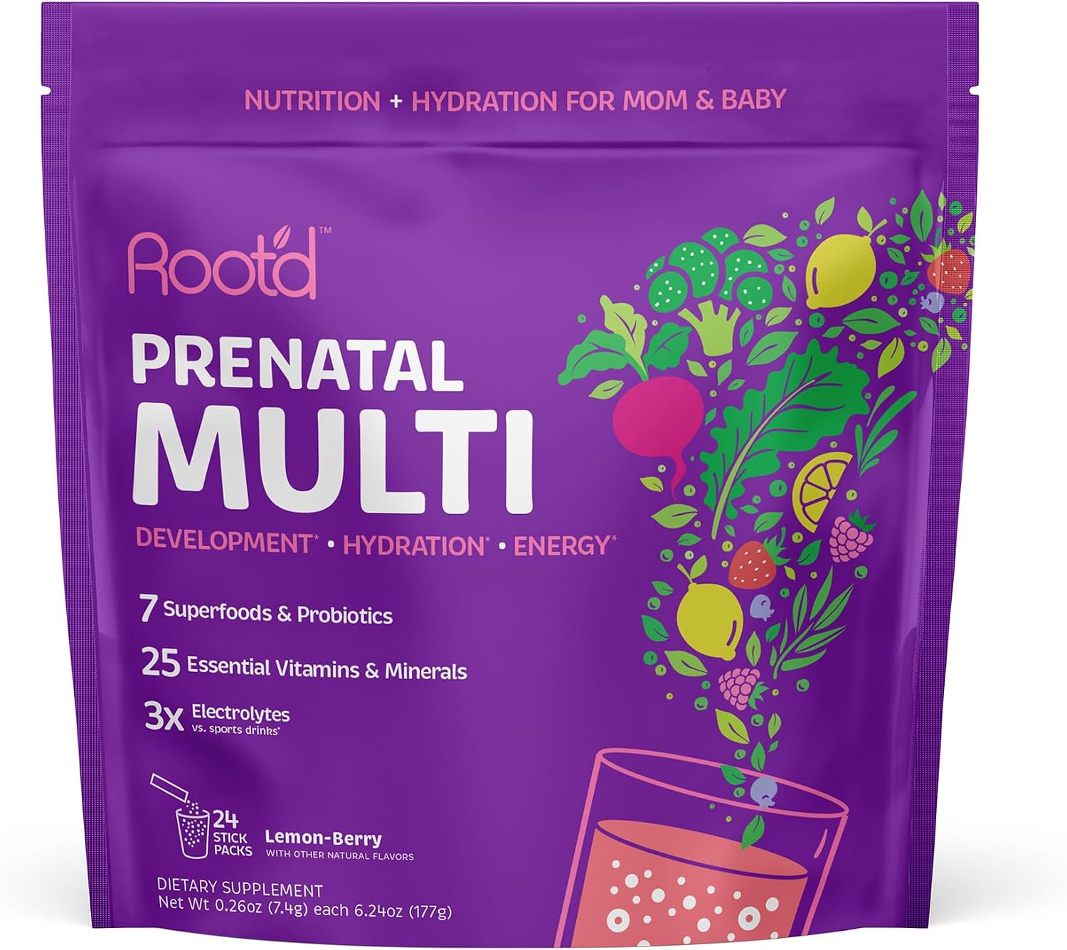 Root'd Multivitamínico Prenatal en Polvo - 25 Nutrientes con 3X Electrolitos, Folato, Hierro, D3, Superalimentos y Probióticos | 24 Sobres