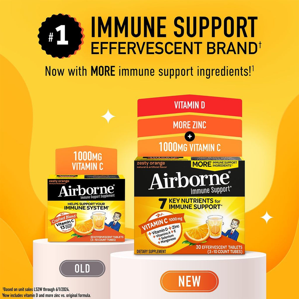 Airborne 1000mg Vitamina C + Zinc Sin Azúcar Multivitamínico Apoyo Inmunológico Comprimidos Efervescentes Sabor Naranja, 30 Comprimidos (Paquete de 2)