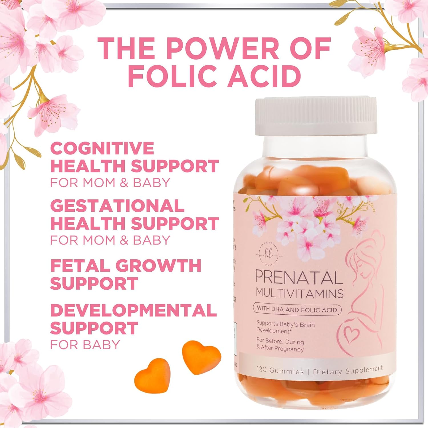 Vitaminas Prenatales para Mujeres – Multivitamínico Completo para el Embarazo – Ácido Fólico, Omega 3 DHA, Colina, Vitamina D – Sabor Naranja – 120 Gominolas