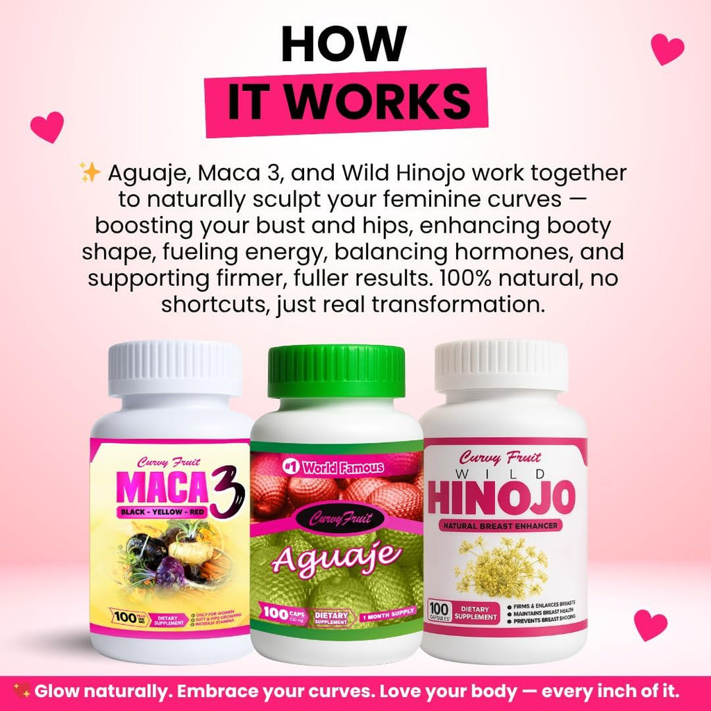 Suplemento Aguaje + Maca 3 + Hinojo Silvestre para Curvas Naturales – 3 Botellas (1 Mes)