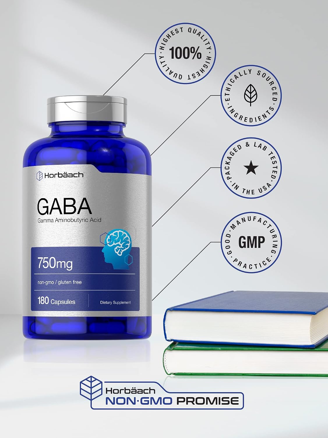 Horbäach GABA 750mg | 180 Cápsulas de Gamma Aminobutírico | Suplemento No Transgénico y Sin Gluten