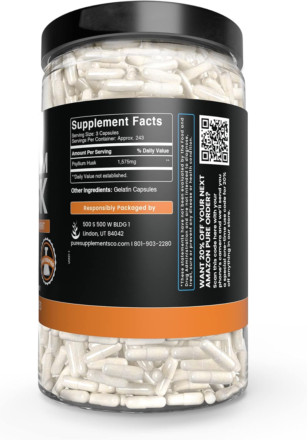 PURE ORIGINAL INGREDIENTS Psyllium Husk (730 Cápsulas) - Puro, Sin Rellenos, Verificado en Laboratorio