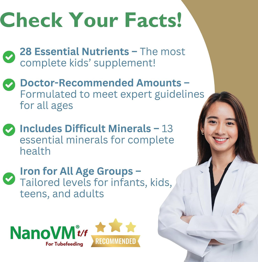NanoVM t/f, Complemento Alimenticio para Nutrición por Sonda, Multivitamínico Infantil Hipoalergénico, Polvo sin Sabor con 14 Vitaminas y 13 Minerales, Bajo en Carbohidratos, 275 g – Solace Nutrition