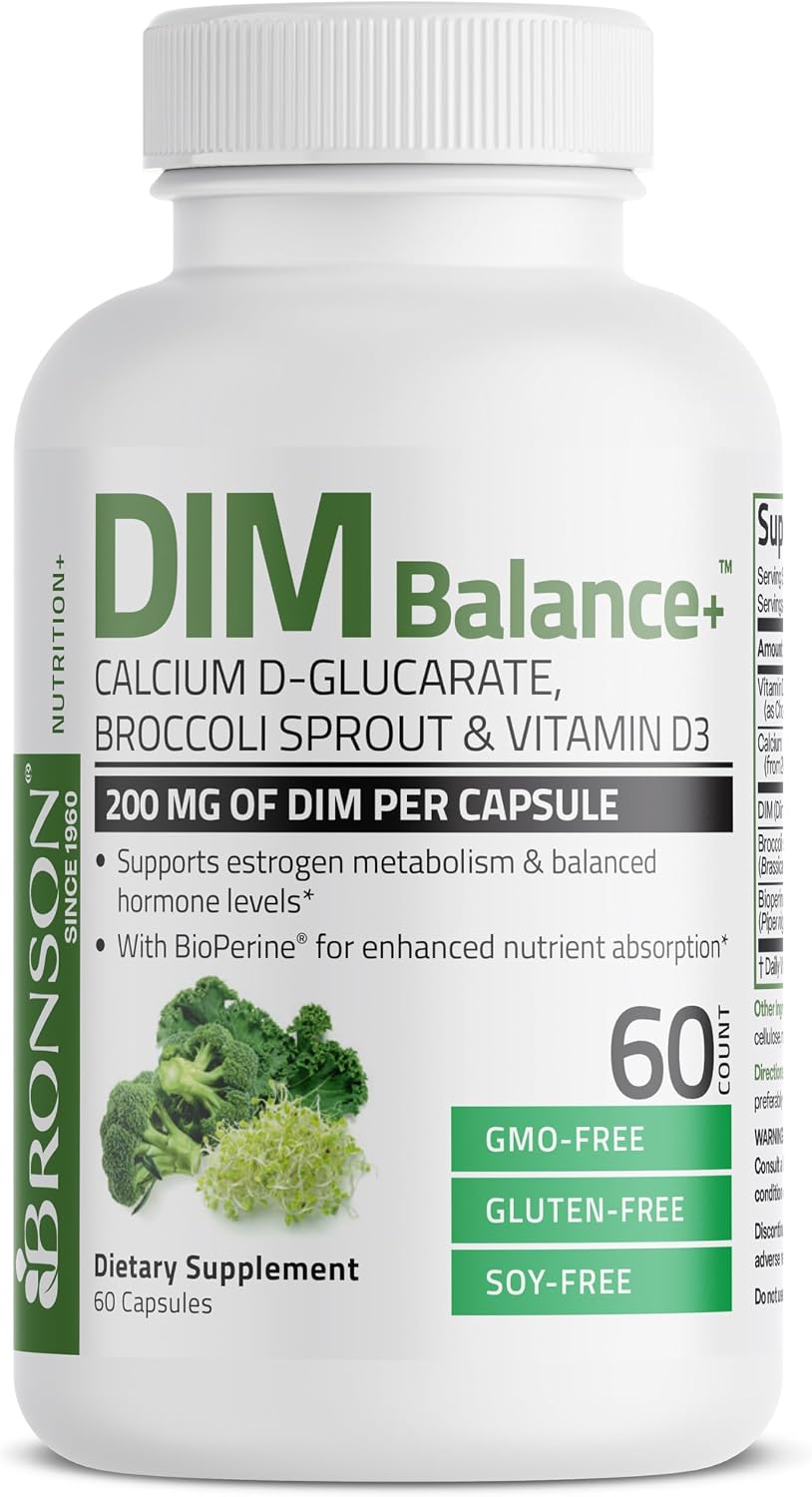 Bronson DIM Balance+ con Calcio D-Glucarato, Extracto de Brotes de Brócoli y Vitamina D3, 200 mg de DIM por Cápsula, 60 Cápsulas Vegetales