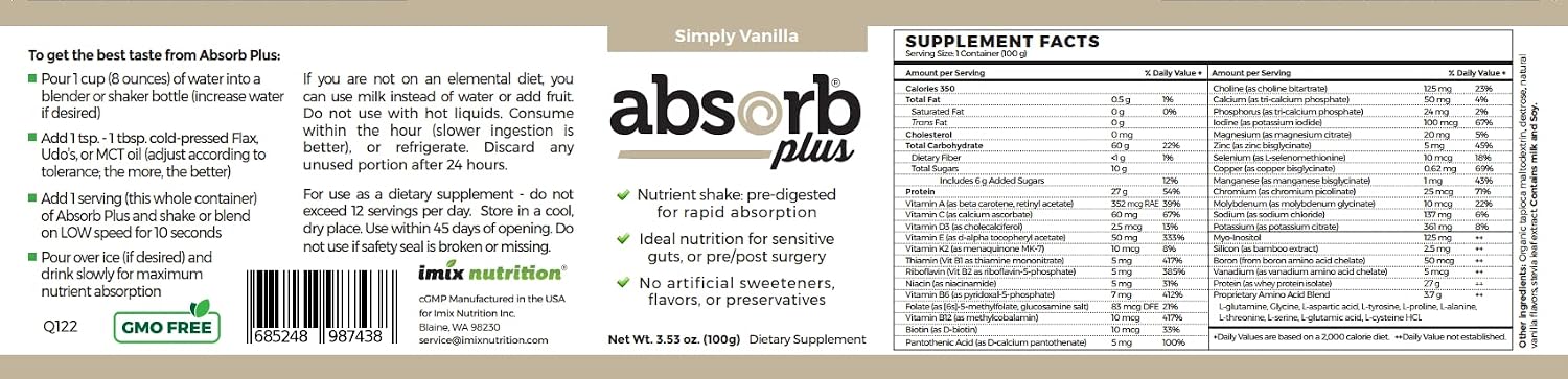 Elemental Shake – Polvo Nutritivo sin Lactosa y sin Caseína (100 g, Vainilla Simple)