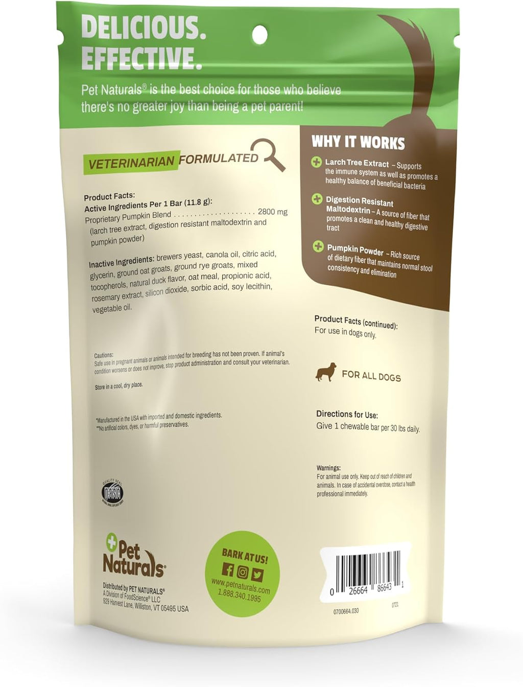 Pet Naturals Scoot Bars, Suplemento de Fibra para Perros, Calabaza y Extracto de Alerce, Apoyo para Glándulas Anales, Heces Firmes, Barritas Sabor Pato, 30 Unidades
