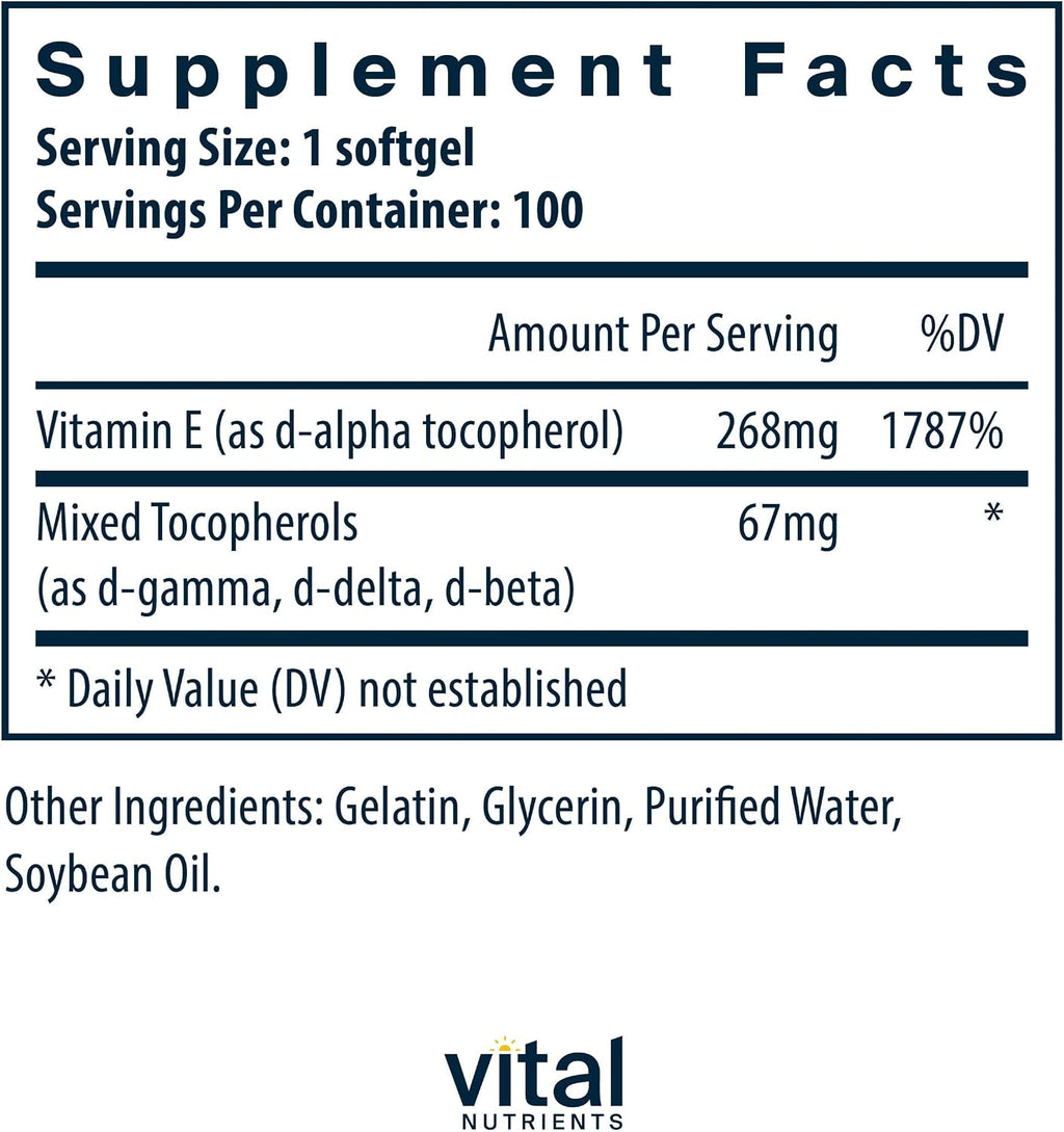 Vital Nutrients Vitamina E con Tocoferoles Mixtos, 400 UI, 100 Cápsulas Blandas