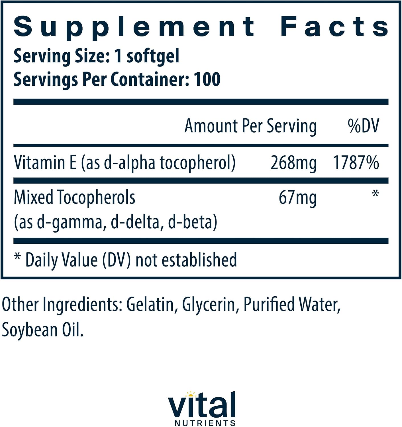 Vital Nutrients Vitamina E con Tocoferoles Mixtos, 400 UI, 100 Cápsulas Blandas