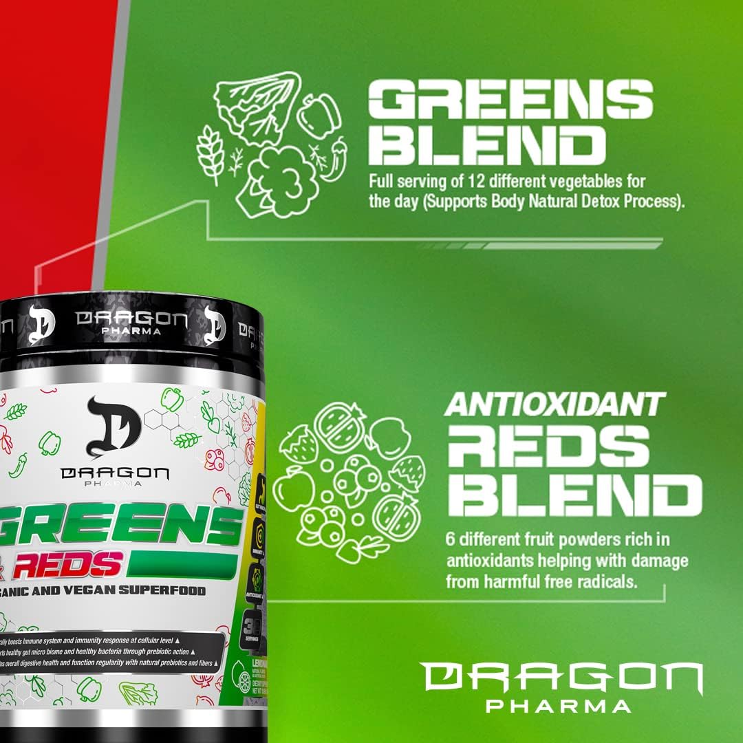 DRAGON PHARMA Greens and Reds, 23 Superalimentos Orgánicos, 30 porciones