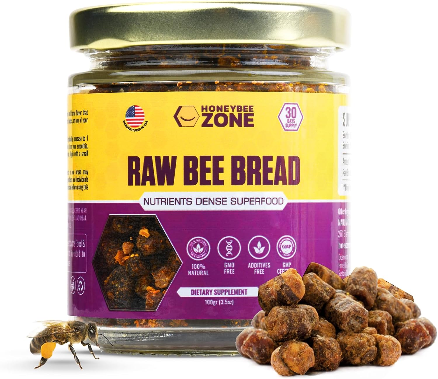 HONEYBEEZONE Pan de Abeja Crudo (Perga) - Superalimento de Polen Fermentado, 100 g