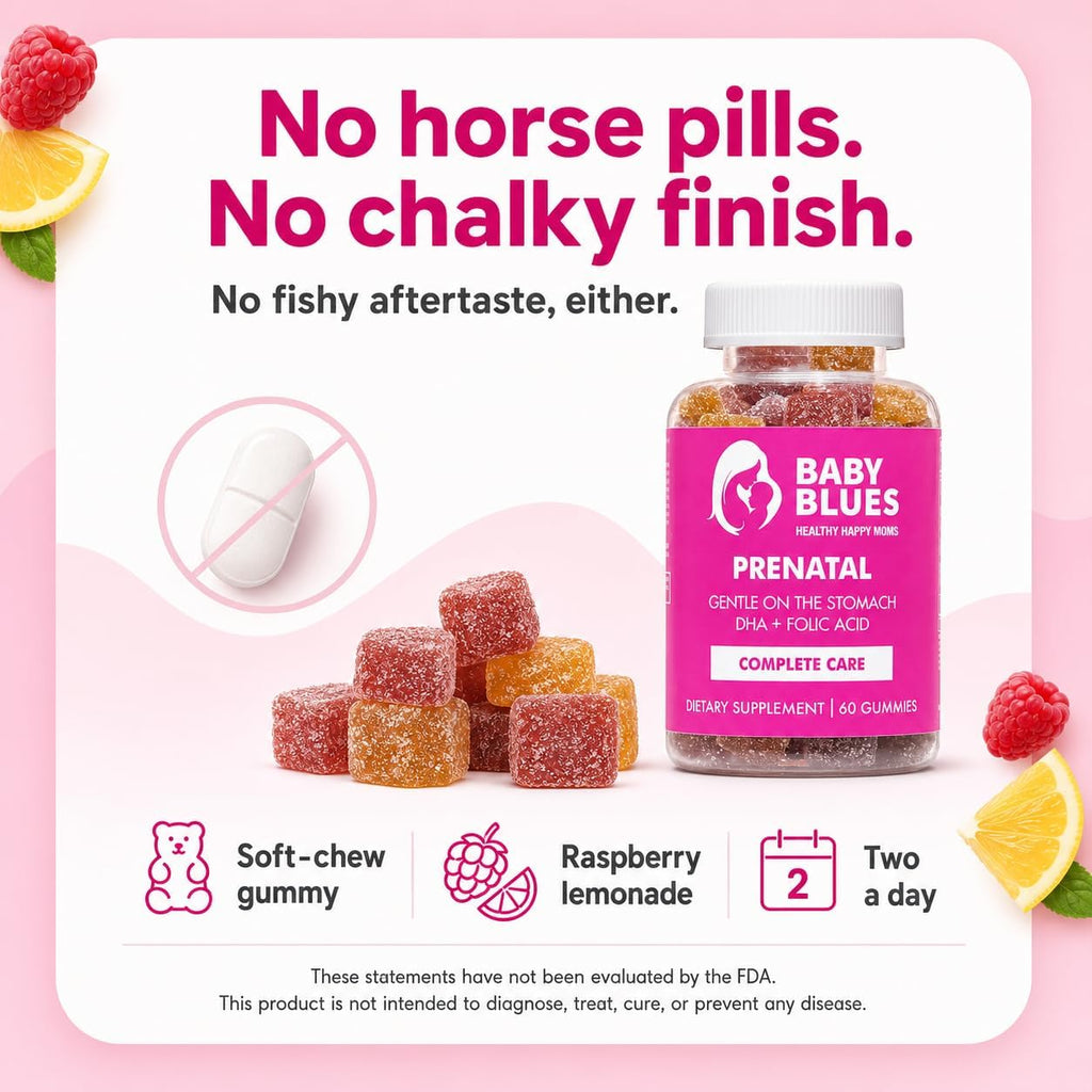 Baby Blues Gominolas Prenatales – Multivitamínico con DHA y Ácido Fólico, Sin Hierro, Sabor Limonada de Frambuesa (60 Gominolas)
