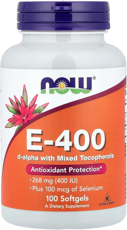 Now Foods, Vitamina E 400 UI con Tocoferoles Mixtos y Selenio, 100 Cápsulas Blandas – Image 1