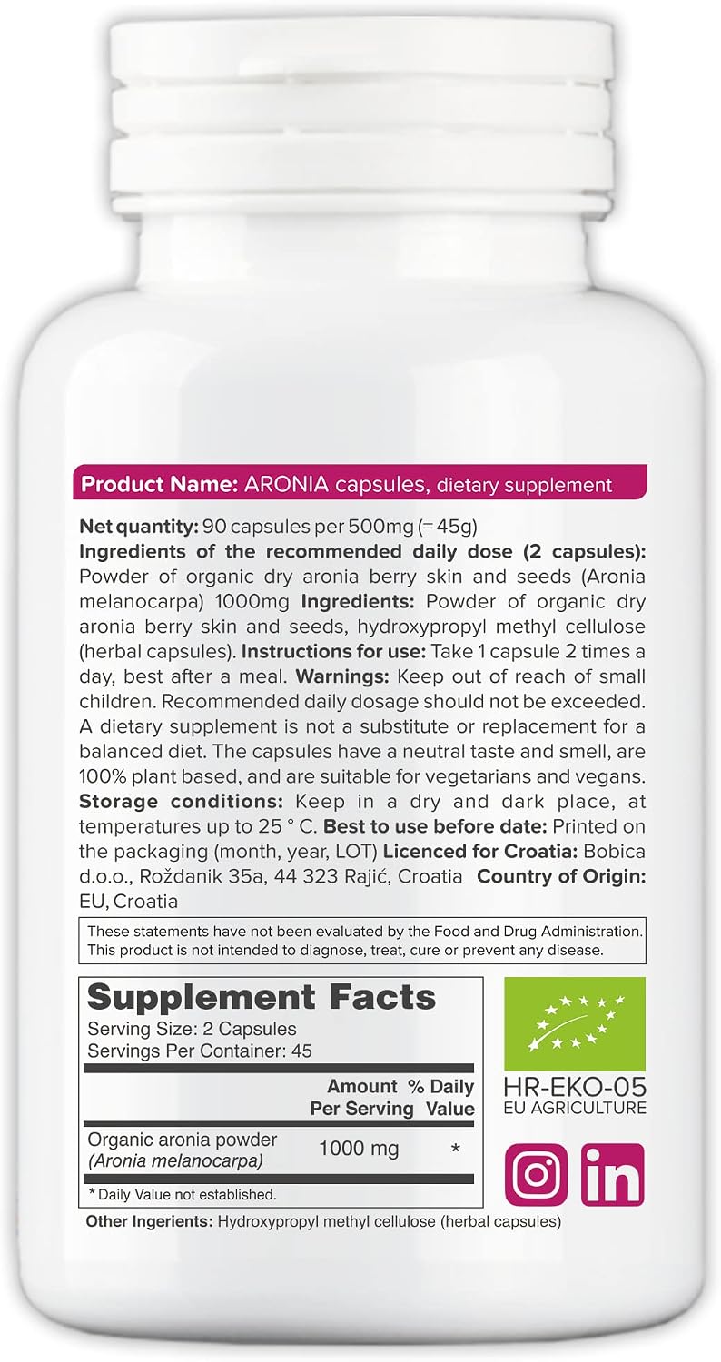 Cápsulas de Aronia Ecológica – Chokeberry Negro – 500 mg, 90 Cápsulas Veganas