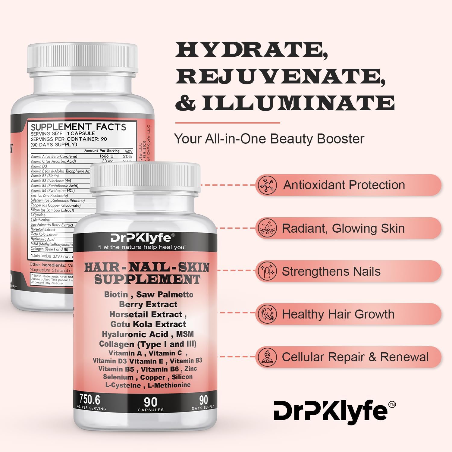 DrPKLyfe Complemento para Cabello, Uñas y Piel - 90 Cápsulas