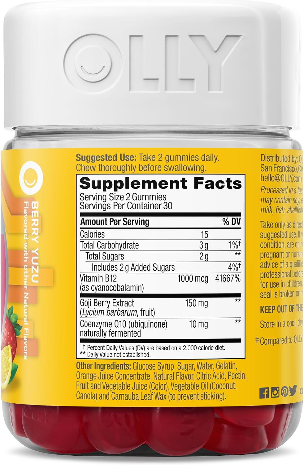 OLLY Extra Strength Daily Energy Gominolas de Vitamina B12, CoQ10 y Goji Berry - Sin Cafeína - 60 Gominolas Sabor Berry Yuzu